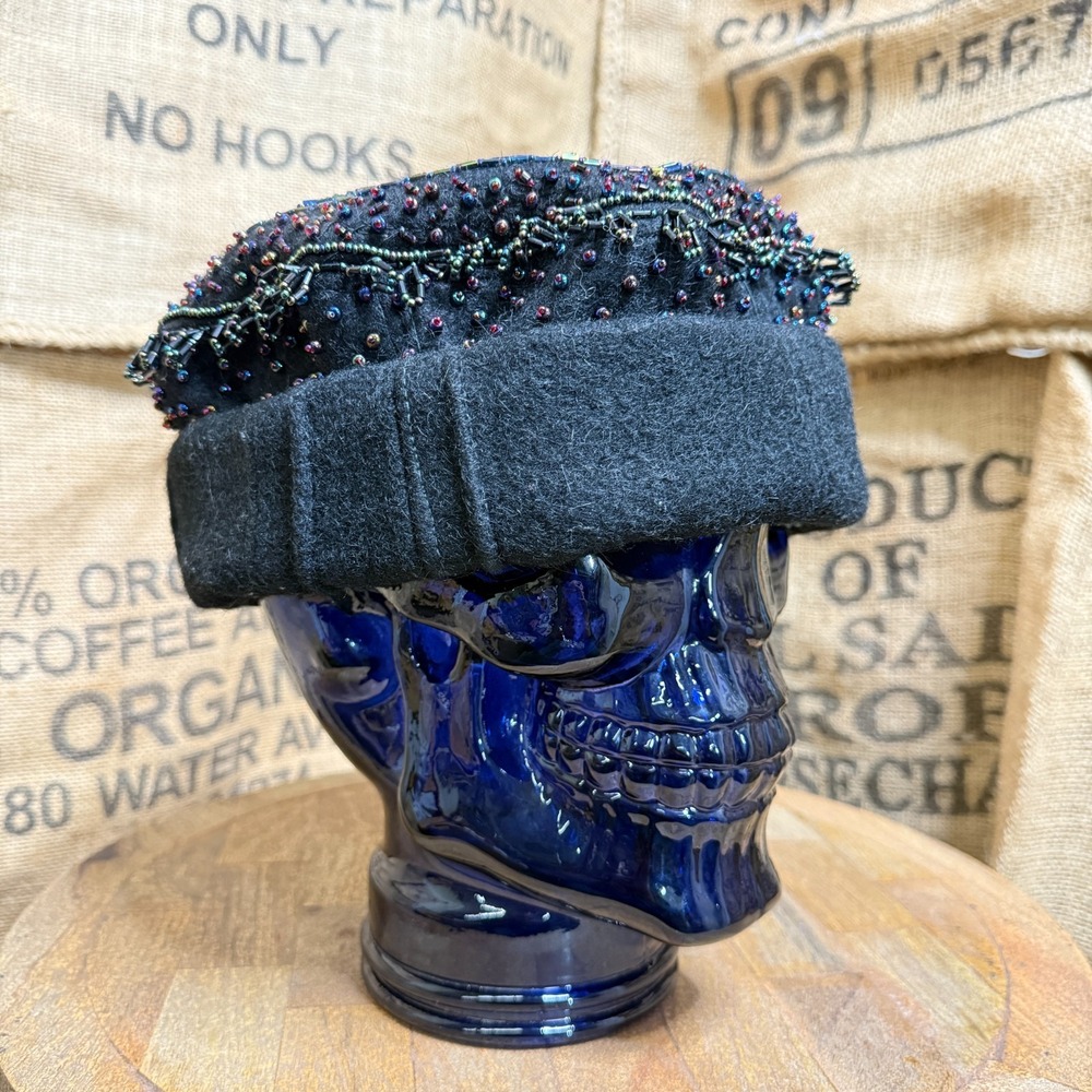 Vintage 50s 60s Black Wool Pillbox Hat Heavy Iridescent Beadwork Fringe Cocktail